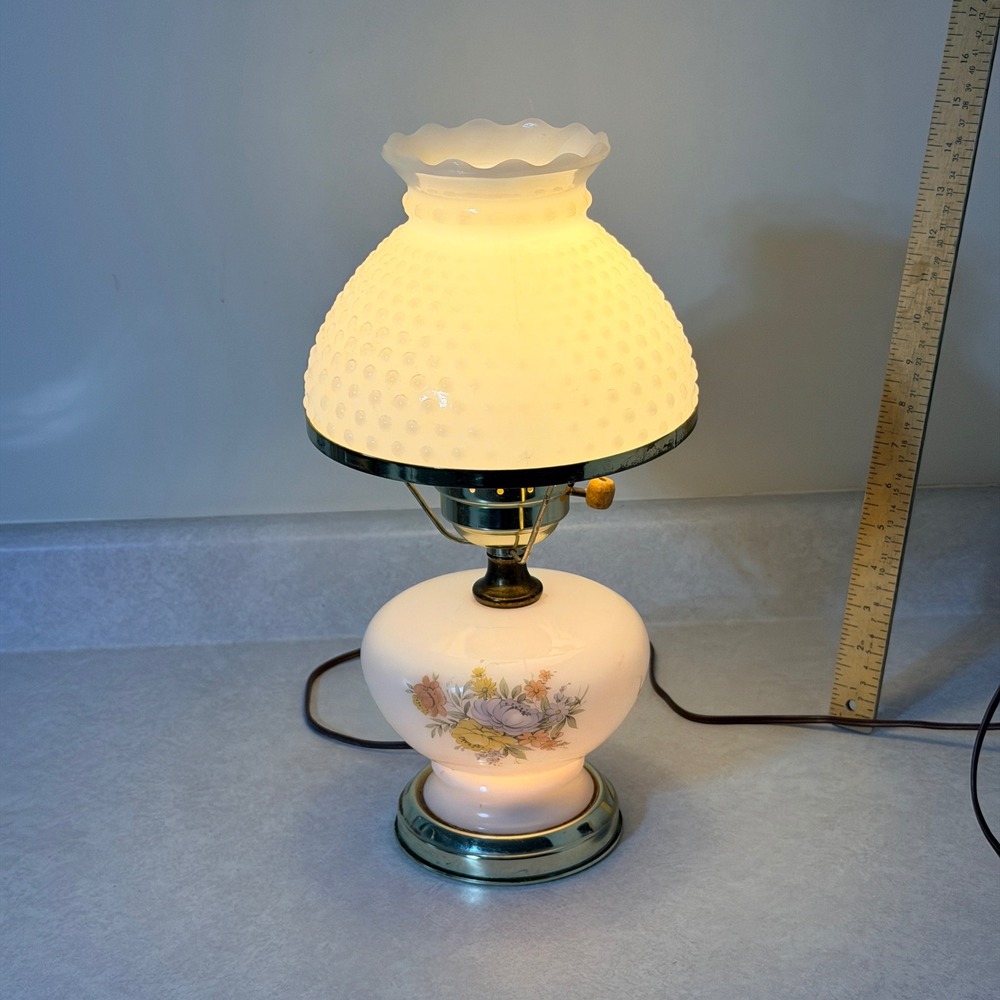 Vintage Milk Glass Hobnail Hurricane Lamp Floral Base‎ Dual Light 15 Inch - Picture 4 of 8
